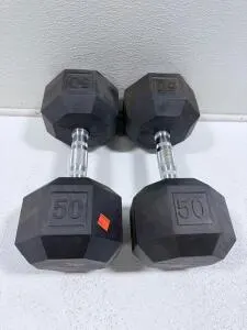 All In Motion 50 lb Hex Rubber Dumbbells Pair – Chrome Handles, Medium Knurling, 14.06" Length