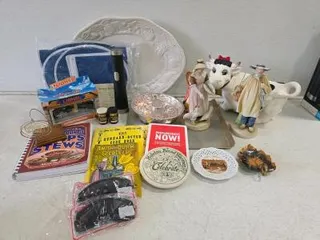 Eclectic Collectibles & Kitchenware Lot - Lionel Train, Vintage Figurines, Cookbooks, Serving platter
