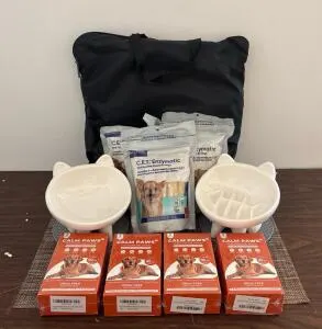 Dog & Cat Care Bundle: Romantic Bear Playpen (31"x23"x21"), Ceramic Bowls, Calm Paws Spray, C.E.T. Chews