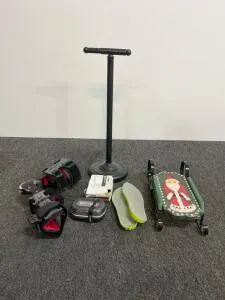 Mixed Lot: DonJoy Knee Brace, Display Stand, Paslode 1" Staples, QIYUM Soap Case, Insoles, Sled