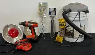 Workshop Bundle: Black & Decker 18V Drill, Wet/Dry Vac, Clamp Lights, Stake, Pump, Hoist Rope