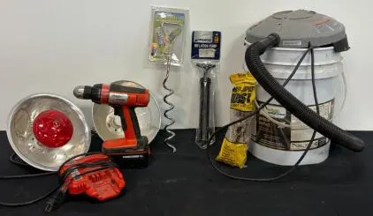 Workshop Bundle: Black & Decker 18V Drill, Wet/Dry Vac, Clamp Lights, Stake, Pump, Hoist Rope
