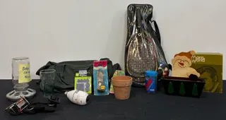 Complete Racquetball Set with Two Racquets, Balls, and Carrying Bag; Light Socket Security Camera and More