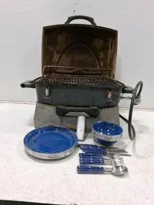 Portable Propane Gas Grill with 4-Person Blue Enamel Camping Dinnerware & Utensils Set