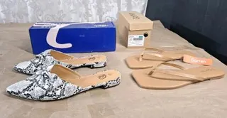 (1) Pair Of Trary Women's Black Bow Pointed Toe Mules, Natural Snakeskin Pattern, Size-9.5 & (1) Pair Of Gorfen Women's Flip Flops, Taupe, Size-9.5