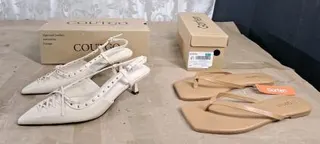 (1) Pair Of Coutgo Ivory Patent Leather Slingback Kitten Heels, Size-9 & (1) Pair Of Gorfen Women's Flip Flops, Taupe, Size-9.5