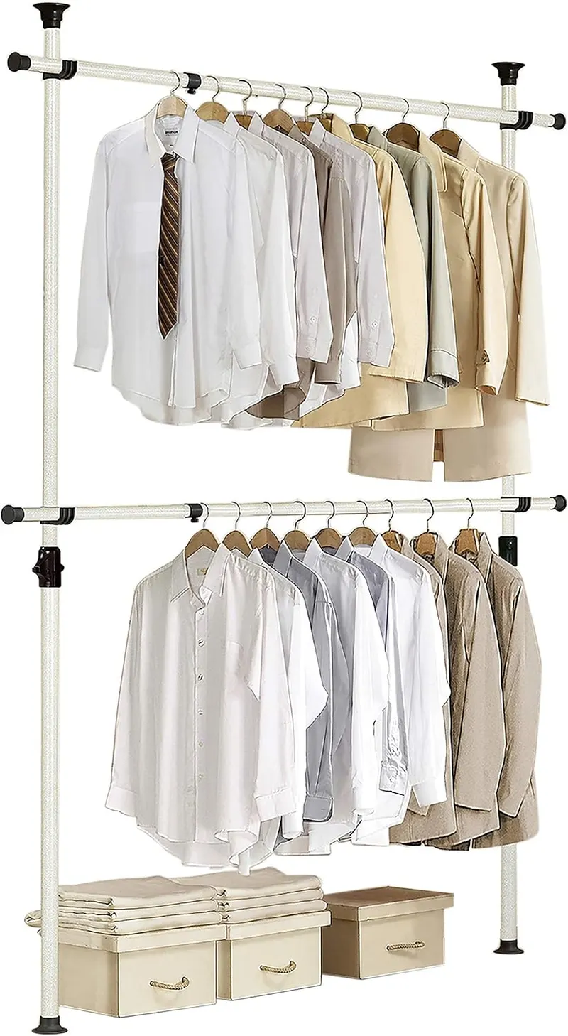 PRINCE HANGER Heavy Duty Adjustable Garment Rack – One Touch System for Easy Assembly, 352 LBS Load Capacity, Freestanding Metal Wardrobe Closet Rack Ivory (Width Adjustable, PHUS-0023)
