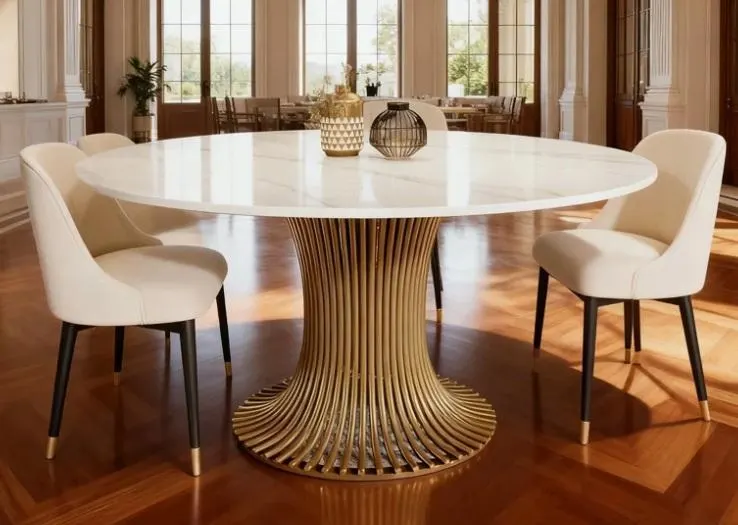 Furniture - Lemay Table Top, Modern 59" Sintered Stone Round Dining Table w/Gold Stainless Steel Pedestal