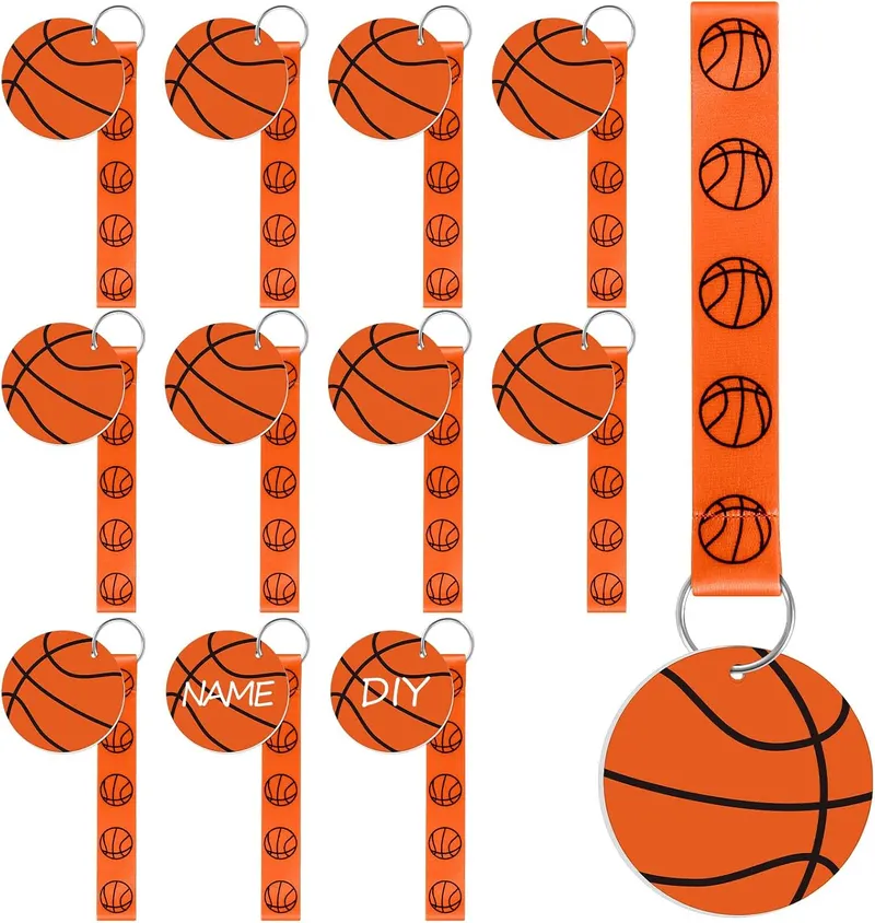 6 Pcs Basketball Ribbon Keychain, 5.5 in Basketball Wristlet Lanyard keychain With 2.75 in PVC DIY Name Id Basketball Card For Boys Girls Basketball Sports Eenthusiast Game Day Team Gift