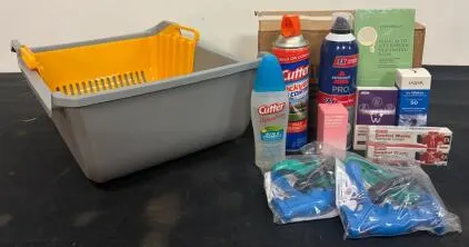Mixed Pet and Household Lot: Cat Litter Box with Sifting Tray, Raised Ceramic Bowls, Grabbers, Sprays