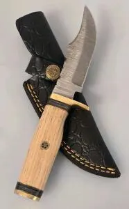 Custom Damascus Fixed Blade Hunting Knife, 9" Overall, Wood Handle, Leather Sheath