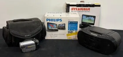 Philips Dual 9" Portable DVD Players, Sylvania 10" Swivel DVD, Sony Camcorder, Boombox Lot