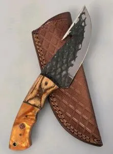 Custom Fixed-Blade Hunting Knife, Forged Gut Hook, Resin & Wood Handle, Leather Sheath, 9"
