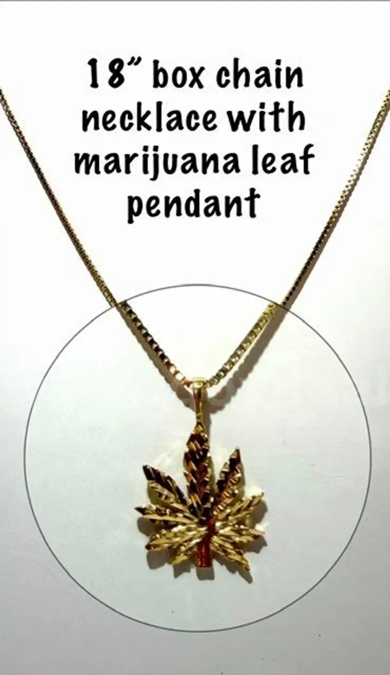 Amazing, 24k Gold Filled, Marijuana Leaf Pendant, W/18 Inch Box Chain Necklace