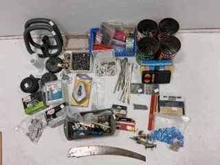 Mixed Hardware Lot – 250+ Pieces, Fasteners, Hooks, Handles, Saw Blade, Multiple Brands, Bins