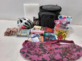 Mindshift Backpack, Schwinn Helmet, Art Crafts Lot, Large Floral Duffel, Books, Toys