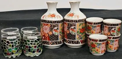 Hand-Painted Mosaic Glass Tumblers Set & Japanese Porcelain Sake Set, 2 Bottles 6 Cups, Floral/Bird