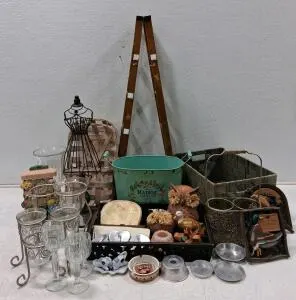 Large Mixed Lot Home Decor: Step Ladder, Maison Forêt Planter, Owl Figure, Glassware, Baskets