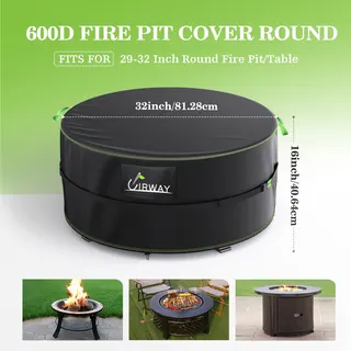 UIRWAY Fire Pit Cover 32 Inch Round, Waterproof Outdoor Fire Pit Cover, 600D Heavy Duty Oxford Fabric Firepit Cover with PVC Coating, Strong Tear & Windproof Patio Fire Pit Table Cover, Black
