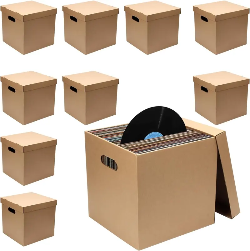 10 Pcs Cardboard Vinyl Record Storage Box Vinyl Record Crate | Stackable Moving Box with Handles and Lids, Sturdy Cardboard Crate for Storing Vinyl Album Document File Folder Organizer