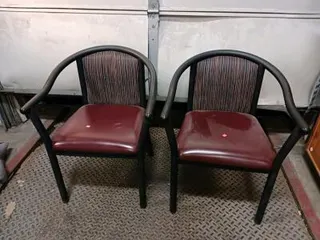 Pair of Metal Frame Guest Armchairs, Burgundy Vinyl Seat, Multicolor Back, Curved Arms