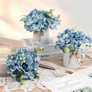 Auihiay 10PCS Flower Centerpieces for Tables, Blue Hydrangeas and Roses | with Metal Vase, Ready-to-Use, Flower Table Centerpieces for Wedding, Baby Shower, Reception Party Table Decor