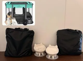 Portable Pet Playpen with Carry Bag & 2 Ceramic Elevated Cat Bowls