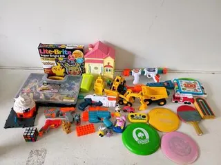 Mixed Lot of LeapFrog, Lite-Brite, Nerf, CAT Trucks, Disc Golf Discs, Rubik’s, 35+ Toys