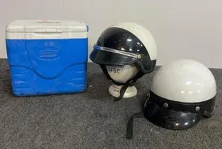Vintage Police Motorcycle Helmets XL & S ANSI Z90.1 w/ Visors + Coleman 9qt Cooler Blue