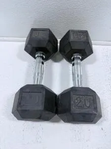 Pair 20 lb Hex Rubber-Coated Dumbbells, Chrome Knurled Handles, 40 lb Total Weight