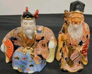 Pair of Vintage Japanese Satsuma Porcelain Immortal Figurines, Mid-Century