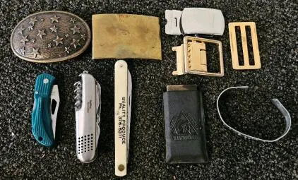 Vintage EDC Lot: 3 Pocket Knives, 6 Belt Buckles, POW/MIA Bracelet, Stone, Imperial, Whetstone