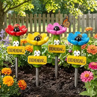 4-Pack Mini Bee Watering Station Stakes, Outdoor Resin Bee Feeder Set in Pink, Yellow, Blue&Red for Yard, Patio, Planter&Flower Bed Decor, Easy Assembly, Durable Garden Accessory for Bees&Butterflies