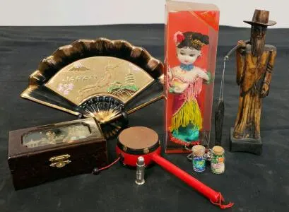 Vintage Japanese and Asian Souvenir Lot: Fan, Trinket Box, Drum, Doll, Figurines, Sand Bottles