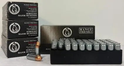 (4) Boxes Sergeant Major Munition 9mm Luger 115gr FMJ, Brass Jacket, Zinc Plated, 50 Rounds, Range Friendly