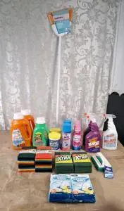 (2) 64-FL Oz Bottles Of LA's Totally Awesome Stain Lifter Laundry Detergent, Clean Fresh Scent, (1) 42-FL Oz Bottle Of LA's Totally Awesome Laundry Detergent W/ Stain Lifter, Rain Fresh, (2) 15-Oz Jars Of LA's Totally Awesome Power Oxygen Base Cleaner, (2) 12-Oz Cans Of Spray Starch, (2) 12-FL Oz Bottles Of Downy Fabric Softener, (2) 32-FL Oz Spray Bottles Of Bang Bathroom & Shower Cleaner, (1) 32-FL Oz Spray Bottle Of LA's Totally Awesome Mold & Mildew Remover, (2) 10-Count Packs Of Multi- Pu