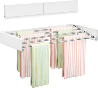 Vikaqi Wall Mounted Clothes Drying Rack 23.6", Foldable Wall Mount Laundry Rack Folding Indoor, Drying Rack Clothing Collapsible, Hidden Space Saver with Wall Template, 5 Rods, White