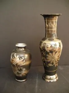 Pair of Solid Brass Decorative Vases – India & Japan, Floral Etched Black Enamel, 12” & 8” Tall