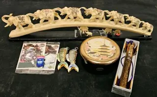 Japanese Chokin Art Box, Upper Deck Twizzlers Promo Cards, Faux Ivory Elephants, Fish & More Lot