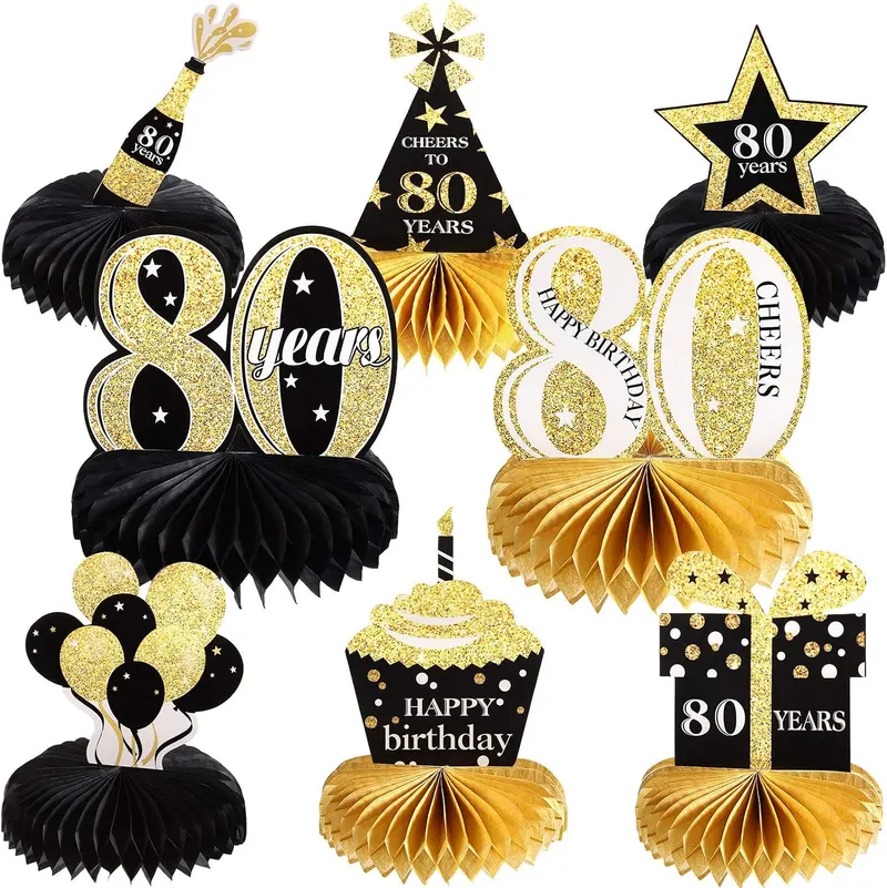Outus 8 Pieces 80th Birthday Table Decorations for Men and Women, Happy 80th Honeycomb Centerpieces Black Golden 1946 Aged Birthday Party Decorations Tables Toppers for 80 Years Party Supplies