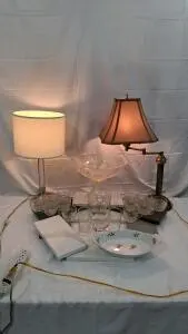 Vintage Table Lamps, Pressed Glass Punch Bowl Set, Decanter, Tumblers, Floral Porcelain Dish