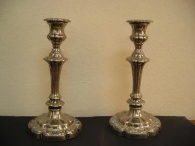 Pair of Ornate Silver Candlesticks, 7" Tall, Baroque Revival Design