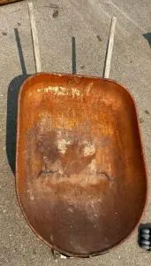 Steel Tray Single-Wheel Wheelbarrow, Wood Handles, 6 cu ft, Spare Tire Included