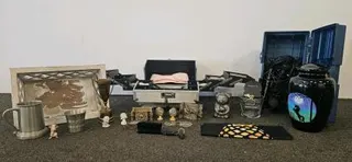 Eclectic Vintage & Modern Collectibles Lot – Trophy, Urn, Pewter Mug, Makeup, Microphones