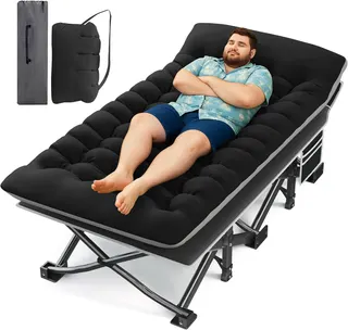 Camping Cot with Mattress, 32" Extra Wide Camping Cots for Adults, Sleeping Cot for Adults Holds Up to 600LBS, Cots for Sleeping, Camp, Rv, Beach, Patio, Office Naps(Black)
