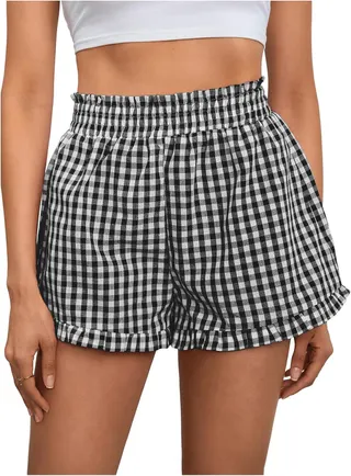 MakeMeChic Women's Gingham Shorts Ruffle High Waist Lounge Pajama Bottom