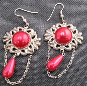 Vintage Silver-Tone Dangle Earrings with Red Faceted Glass Beads
