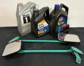 Vintage Pair of Universal Tow/Side Mirrors – Teal Metal Arms + 3 Motor Oil Jugs (Mobil 1, Mobil Delvac, STP) – Garage Lot