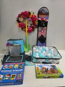 Hurley Youth Snowboard w/ Bindings & Goggles, Ravensburger 200pc Puzzle, Ball Pit, Games Lot