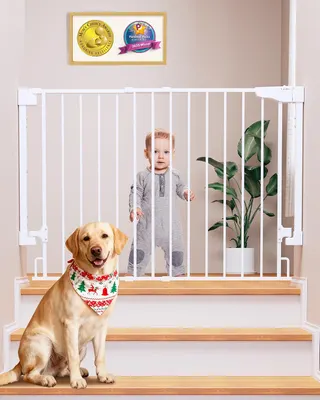 Cumbor 29.2–43" Baby Gate for Stairs, Hardware Mounted (Drill Required), Expandable No Bottom Bar Dog Gate, Auto Close Extra Wide Walk Thru, Pet & Toddler Proof Gate, Top & Bottom of Stairways (White)